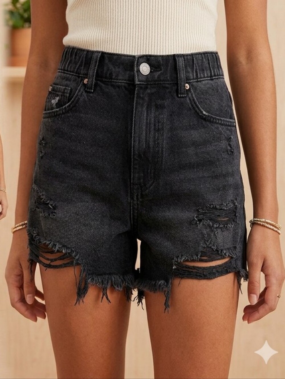 aerie Black High-Rise Distressed Daydream Denim Shorts